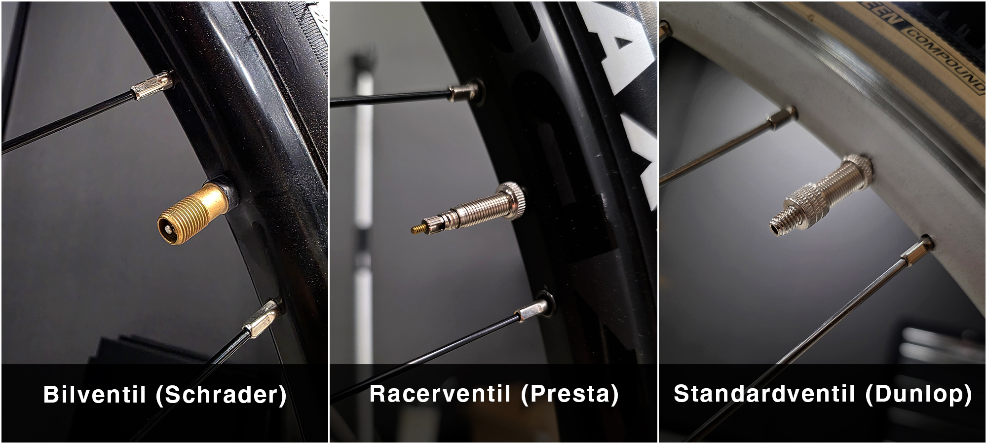 Olika ventiltyper för cykelslang: bilventil, racerventil och standardventil